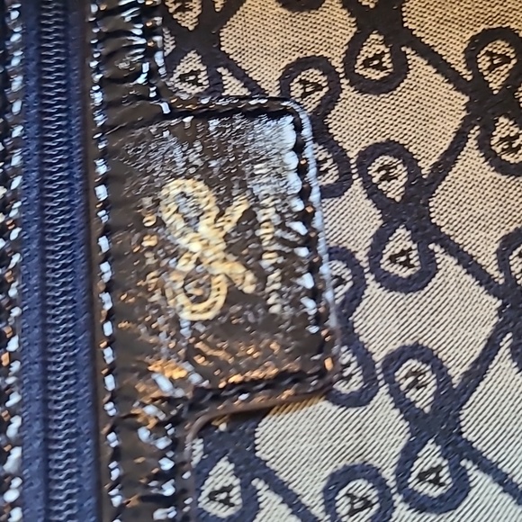 Anya Hindmarch logo blue and gray canvas tote leather handles leather